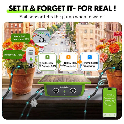 Solar Powered WiFi Drip Irrigation System With Moisture Sensor Smart IoT Garden Watering Controller App Enabled Scheduling Solar Charging Bundle Combo Pack For Easy Plant Care And Low Maintenance showing solar panel, pump, sensor, tubes, and phone app