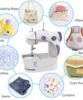 Beginner Friendly Mini Sewing Machine Kit With Finger Guard And Full Accessory Set Includes 20 Cotton Fabric Bundles Foot Pedal US Power Adapter Perfect For Practice Projects Patchwork School Crafts shown with handmade items like aprons and dolls.
