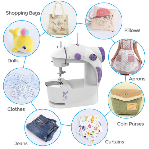 Beginner Friendly Mini Sewing Machine Kit With Finger Guard And Full Accessory Set Includes 20 Cotton Fabric Bundles Foot Pedal US Power Adapter Perfect For Practice Projects Patchwork School Crafts shown with handmade items like aprons and dolls.
