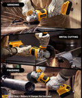 Tough As Nails Five Inch Cordless Angle Grinder Built For 20 Volt Battery Packs With Zero Fluff Heavy Duty Brushless Motor in action for grinding, cutting metal, and finishing.