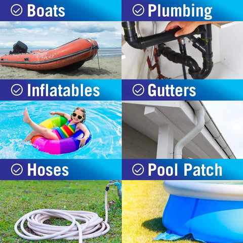 Diagram showing uses for Heavy Duty Marine Grade Leak Stopping Tape, 15 Ft By 4 In, Waterproof Patch for boats, plumbing, inflatables.