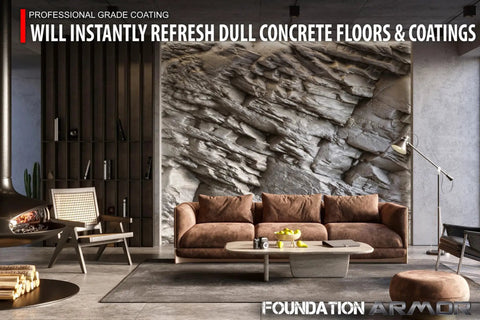 Pro Matte Concrete Floor Wax 5 Gallon Water Based Formula Sets Rock Hard showcased in a modern living room setting.