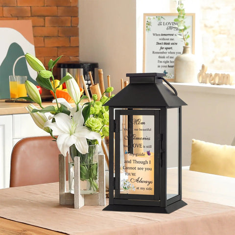 Memorial Lantern For Loss Of A Loved One, Bereavement Gift In Memory Of Mom Or Dad, black metal lantern on table with flowers
