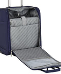 Open view of the Underseat Carry On Luggage With USB And USB C Ports, 16 Inch Compact Travel Case In Blue Depths showing interior storage.