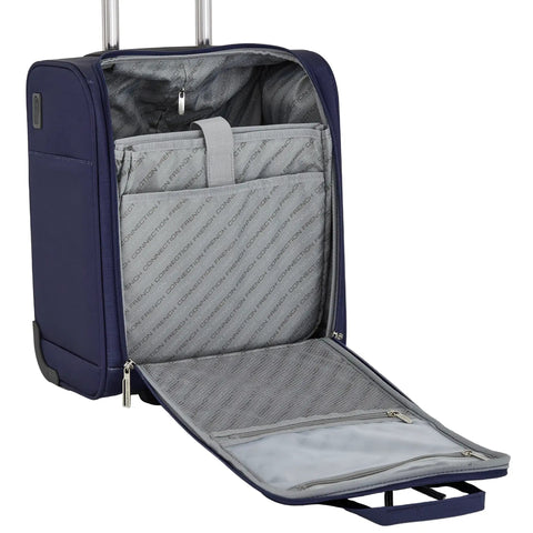 Open view of the Underseat Carry On Luggage With USB And USB C Ports, 16 Inch Compact Travel Case In Blue Depths showing interior storage.