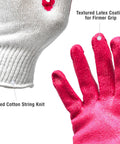 Close-up of All Purpose Non Slip Red Latex Palm Coated Work Safety Gloves showing textured latex grip and cotton knit