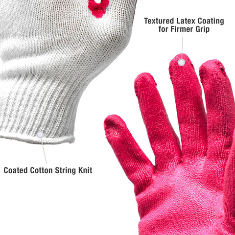 Close-up of All Purpose Non Slip Red Latex Palm Coated Work Safety Gloves showing textured latex grip and cotton knit