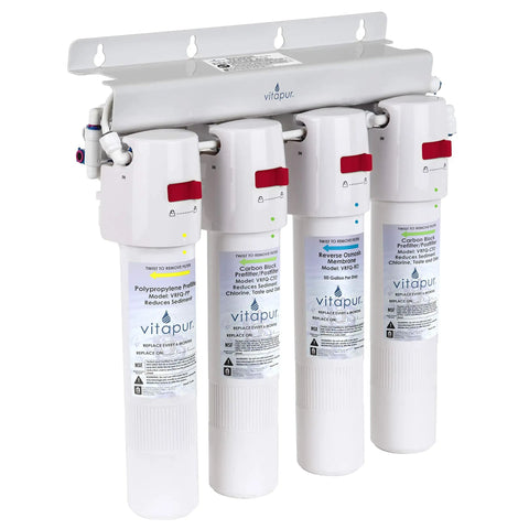 Four Stage Quick Connect Reverse Osmosis Water Filtration System with white compact design and color coded tubing