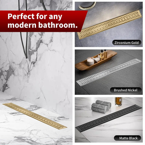 Slick 36 Inch Linear Shower Drain With Brushed Gold Finish And Heavy Duty Real Deal Build No Sweat V Shape Quick Flow Setup Snap Install Leveling Feet And Goof Proof Hair Catcher For Fresh Bathrooms displayed in multiple colors including gold and black.