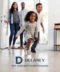 Family entering home through a door featuring Delaney logo and slogan "Put Your Best Door Forward" at the bottom.
