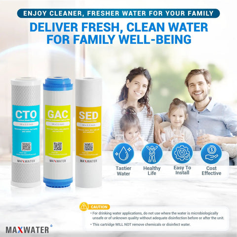 Three 5 Micron Replacement Filter Cartridges Set For Standard RO Systems, 10 X 2.5 Inch, with family in background.