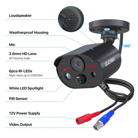 1080p HD-TVI Security Camera For Indoor Outdoor Use With Audio Recording, spotlight, and siren, showing detailed features