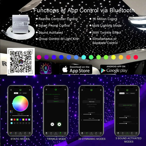 Twinkle and Music Fiber Optic Star Ceiling Kit With App Control RGBW Light Engine 295 Fibers app control features display