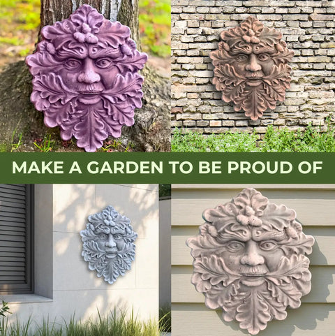 Face Tree Planter Mold For Concrete Gargoyle Garden Gnome And Green Man Face Plaque DIY Cement Molds Reusable Outdoor Yard Decor Perfect For Creating Garden Paths And Tiles displayed on various surfaces.
