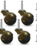 Set Of 4 Antique Brass Swivel Stem Ball Caster Wheels With Socket for furniture, showing casters and sockets.