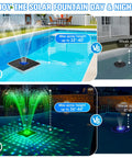 Solar Floating Pool Fountain With Lights 9.5 Inch Large Water Fountain With Anchor Kit For Above Ground And Inground Pools Six Light Show Modes And 44 Inch Night Spray Height Blue One Piece in use, daytime and nighttime view.