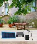 Rugged Portable Solar Heater For Dog Kennels Chicken Coops And Mini Greenhouses To Keep Your Pups Wicked Cozy While Running Butter Smooth On Sun Or 12V Batteries with solar panel, charging port, and accessories.