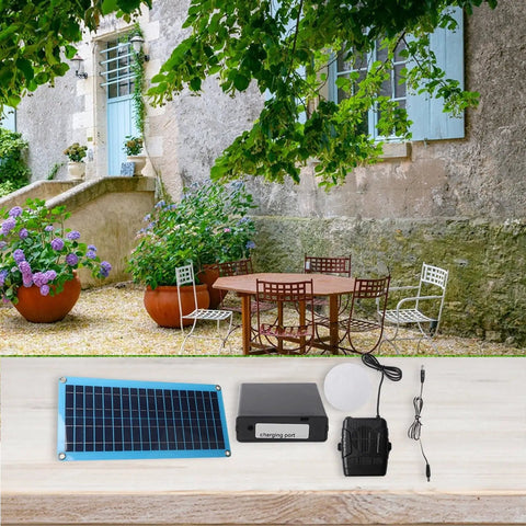 Rugged Portable Solar Heater For Dog Kennels Chicken Coops And Mini Greenhouses To Keep Your Pups Wicked Cozy While Running Butter Smooth On Sun Or 12V Batteries with solar panel, charging port, and accessories.
