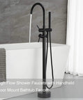 Freestanding Tub Filler Faucet Dope Matte Black Floor Mounted With Handheld Shower Brass Mixer Taps next to white bathtub