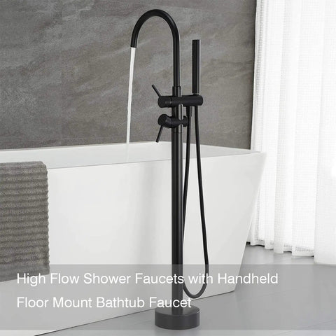 Freestanding Tub Filler Faucet Dope Matte Black Floor Mounted With Handheld Shower Brass Mixer Taps next to white bathtub