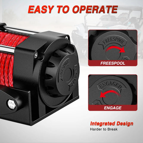 Beefy 3500 Lb ATV UTV Winch With 12V DC Motor Synthetic Rope Wireless Remote Wired Switch Fairlead And Mounting Plate Waterproof Portable Tow Winch For Jeeps Trucks Trailers And Off Road Adventures freespool knob close-up
