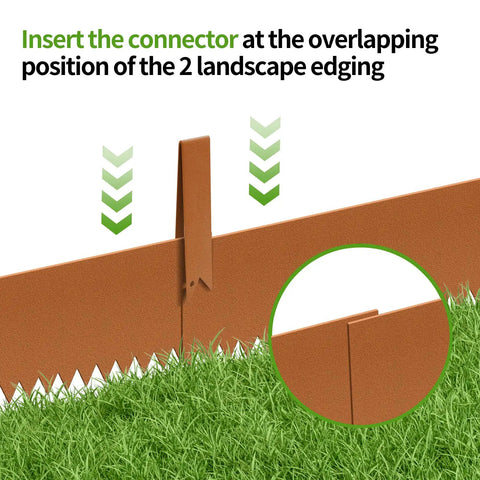 Heavy Duty Steel Landscape Edging Kit With 40 Inch By 8 Inch Panels Hammer In Bendable Metal Garden Border Strips close-up of connector clip.
