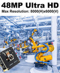Ultra HD 48MP USB Camera with fast autofocus and 70° no distortion lens for industrial machine vision in factory setting.