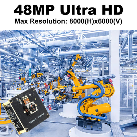 Ultra HD 48MP USB Camera with fast autofocus and 70° no distortion lens for industrial machine vision in factory setting.