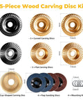 Pro Grade 15-Piece Wood Carving Disc Kit For 4 to 4.5 Inch Angle Grinders With 5/8 Inch Arbor, showing various disc types and sizes.