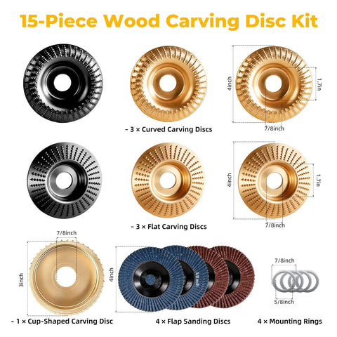 Pro Grade 15-Piece Wood Carving Disc Kit For 4 to 4.5 Inch Angle Grinders With 5/8 Inch Arbor, showing various disc types and sizes.