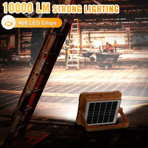 Heavy Duty Solar LED Work Light With 10000 Lumen Brightness, 466 LED Beads, shown on a worksite near a ladder, rugged and portable.