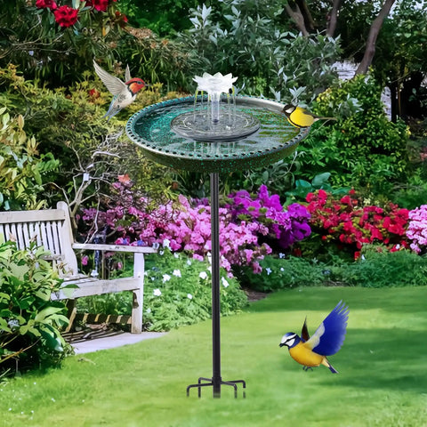 Solar Powered Bird Bath Fountain With Lotus Flower Nozzle And Five Prong Stake Base for outdoor garden attracts hummingbirds