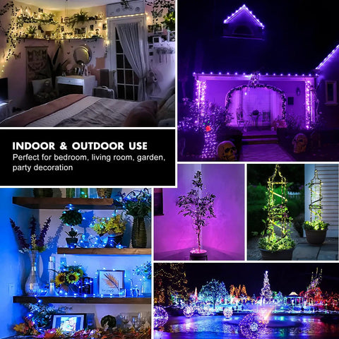 Two Pack 78Ft Battery Operated RGB Fairy Lights With Remote And Timer 240 LEDs illuminating indoor bedroom and garden decor