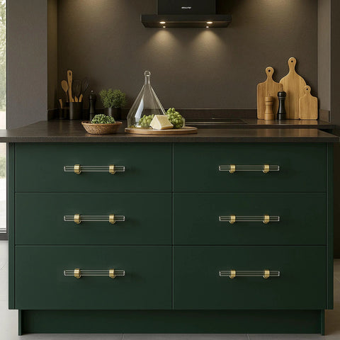 5 Pack Acrylic Cabinet Pulls With Brass Base Crystal Clear Glass Handles In Gold Finish for Modern Kitchens on green drawers