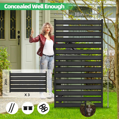 Privacy Fence Panels For Outdoor AC Unit And Trash Can Enclosure Black Weather Resistant No Dig Backyard Fencing 60 Inch High By 38 Inch Wide Screen in use