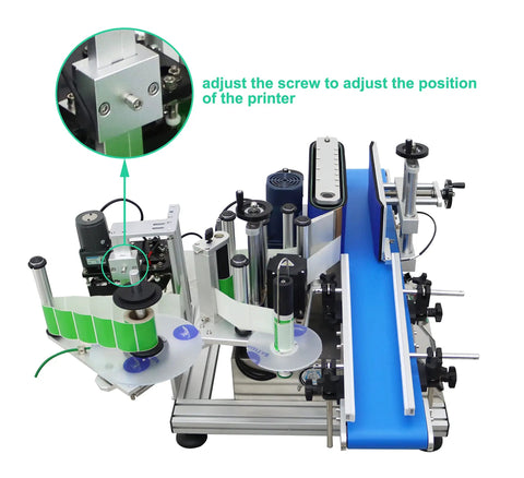 Detail of the automatic round bottle labeling machine featuring adjustment screws and smooth conveyor for 15 to 39 inch bottles.