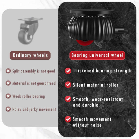 Comparison of bearing universal wheel and ordinary wheel, highlighting thickened bearings and silent roller features