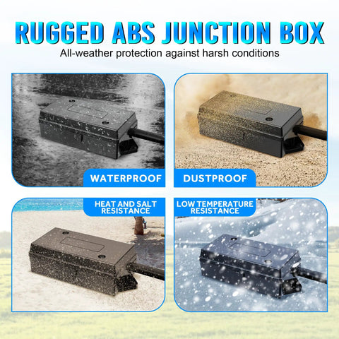 7 Way Trailer Cord 8 Ft With Junction Box Heavy Duty Waterproof Copper Blade Molded Plug For Secure Easy Wire Connections And Tidy Trailer Wiring Harness waterproof ABS junction box shown in rain, dust, heat, and snow