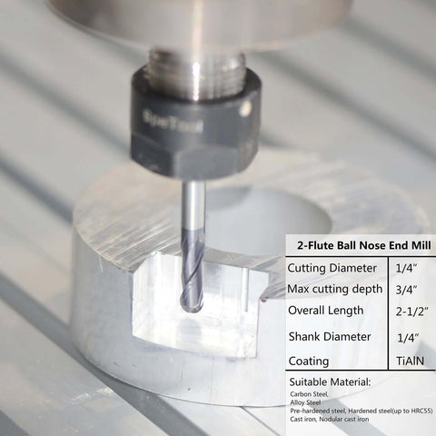SpeTool ball nose end mill, 1/4-inch shank, TiAlN coating, 2-1/2-inch overall length in CNC milling setup
