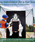 Children using 6x8 Feet Baseball And Softball Backstop With Strike Zone Black Vinyl Batting Cage Backdrop And Net Saver
