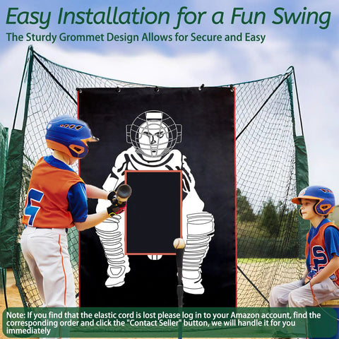 Children using 6x8 Feet Baseball And Softball Backstop With Strike Zone Black Vinyl Batting Cage Backdrop And Net Saver