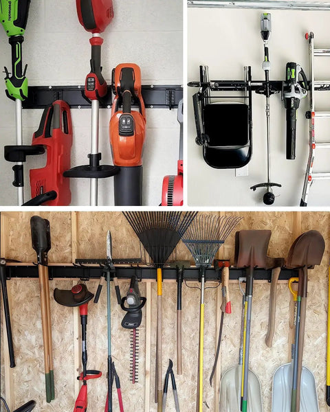 48-Inch Wall Mounted Garage Tool Organizer With 8 Hooks, Heavy Duty Metal Storage Rack, holding shovels, rakes, and garden tools