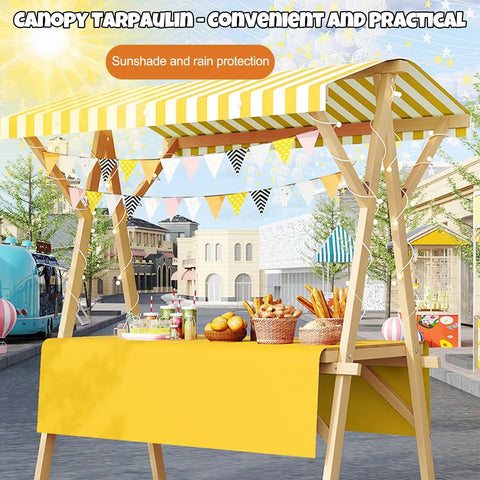 Collapsible Wooden Vendor Cart With Canopy Hella Spacious Market Stall Rack For Street Food and Outdoor Events Built Tough with yellow table.