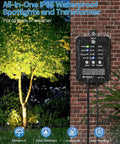 Low Voltage Landscape Lighting Kit With Transformer Photocell Sensor And Timer 8 Pack 3W Spotlights illuminating a tree