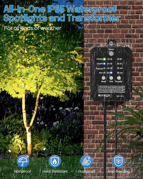 Low Voltage Landscape Lighting Kit With Transformer Photocell Sensor And Timer 8 Pack 3W Spotlights illuminating a tree