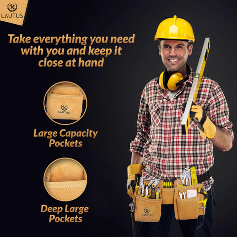 Man wearing the Suede Tool Belt And Work Apron With 12 Pockets, Dual Hammer Loops, Quick Access Pockets, Speed Square Slot, Built Tough
