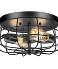 Two Light Industrial Farmhouse Ceiling Light With Dope Black Metal Cage UL Certified Rustic Vintage Finish Flush Mount Ceiling Fixture