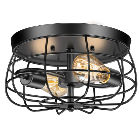 Two Light Industrial Farmhouse Ceiling Light With Dope Black Metal Cage UL Certified Rustic Vintage Finish Flush Mount Ceiling Fixture