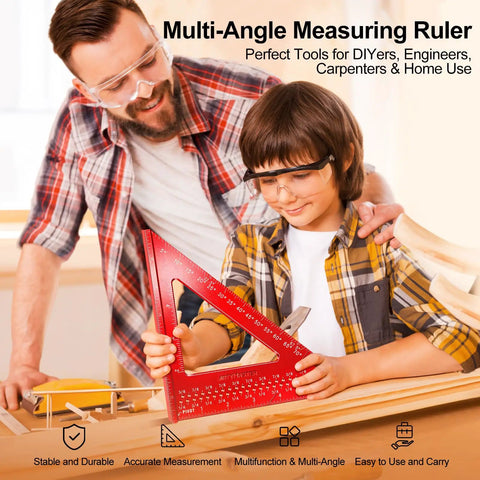 Child using Beefy 7 Inch Carpenter Square With One Sixteenth Inch Precision Hole Scribing, 0 To 90 Degree Aluminum Alloy Rafter Square on wood