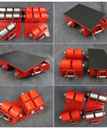 Heavy Duty Machinery Skates With Bulletproof Steel Wheels Shop Rig Hauler For Factory Gear Swapping smooth rolling dollies set with red metal frame.